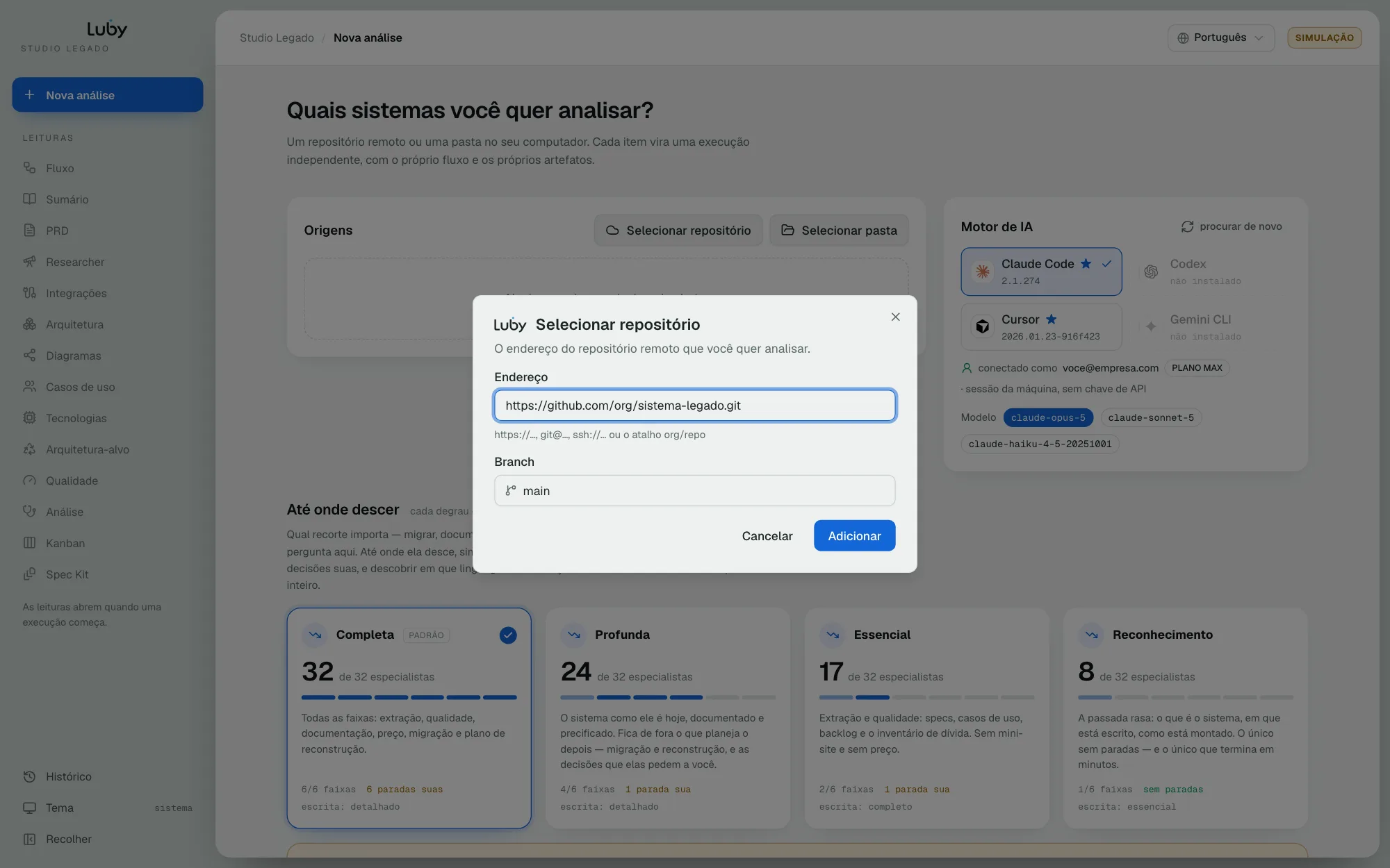 Diálogo Selecionar repositório com endereço e branch